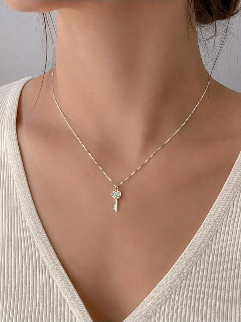 Italian Heart Key Pendant Necklace Silver Tone Crystal Accent 17 Inch Chain